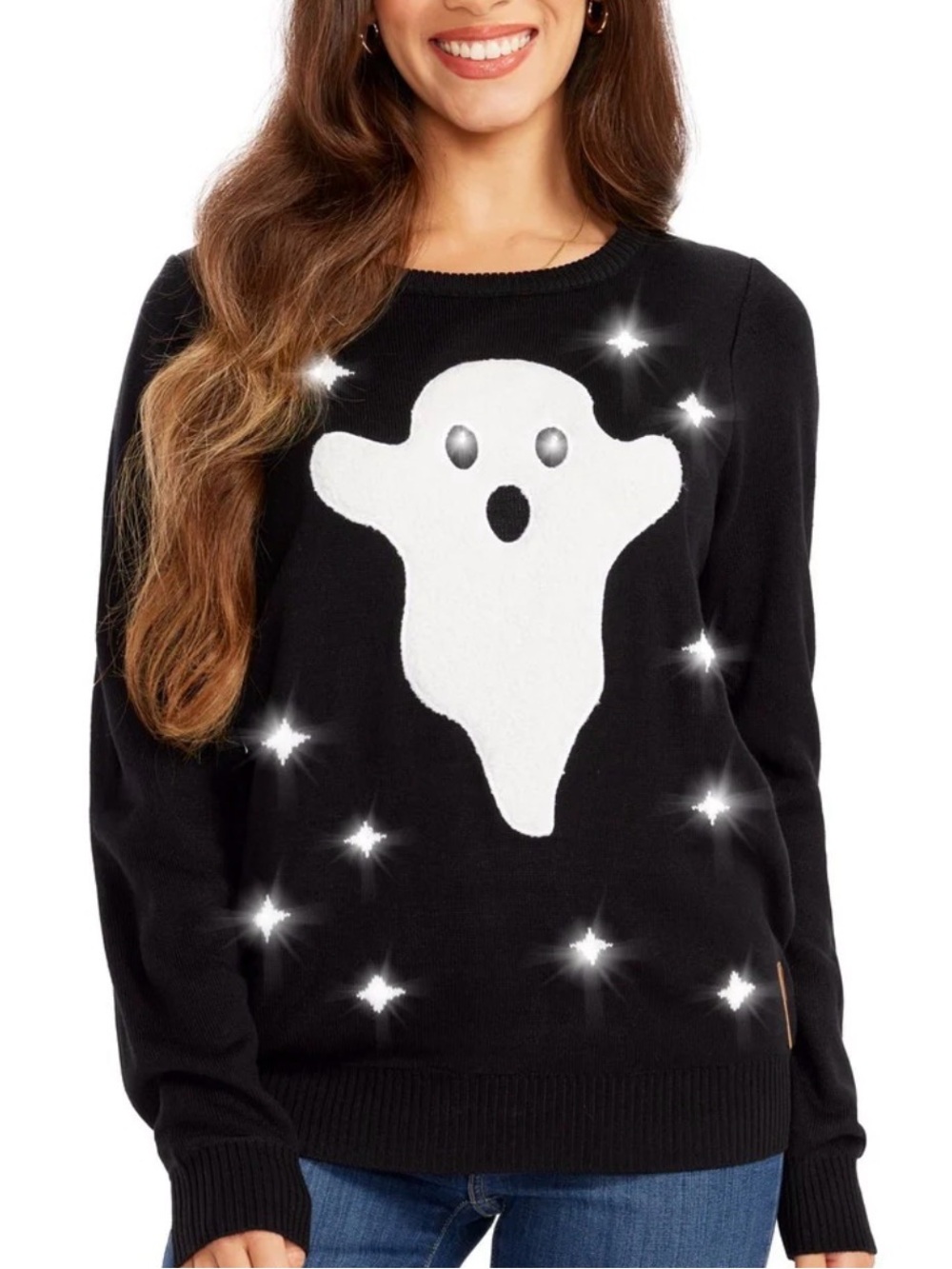 Tipsy Elves Black Light up Sweater with White Ghost Graphic 2x